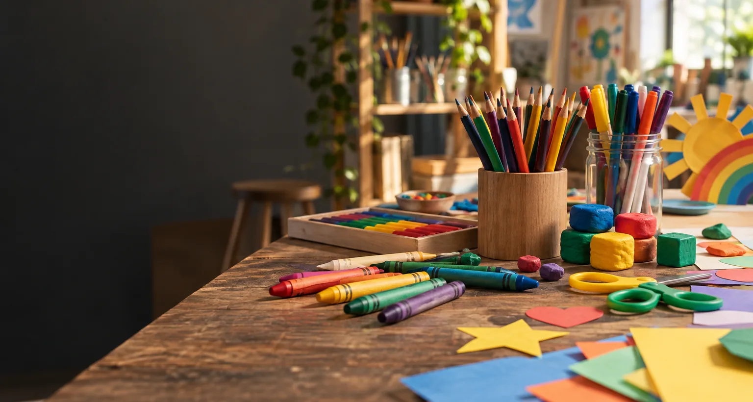 Unbranded crayons, pencils, markers and craft materials arranged on a worktable