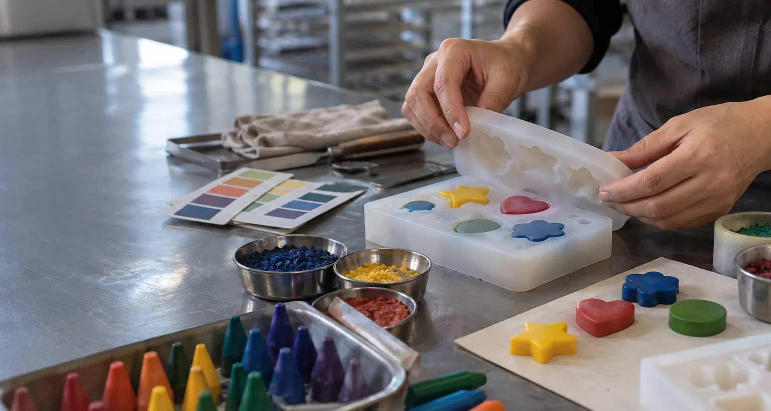 Hands developing colourful art-material prototypes in a workshop
