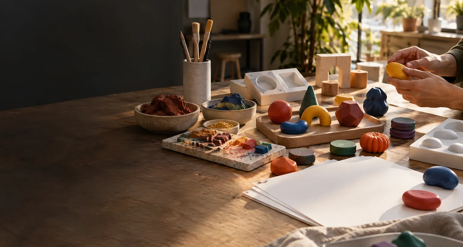 Unbranded tactile art-material prototypes on a design-studio worktable