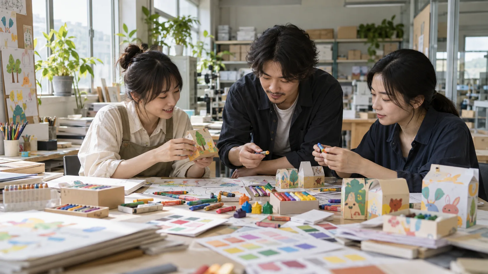 Design team reviewing art material prototypes and packaging